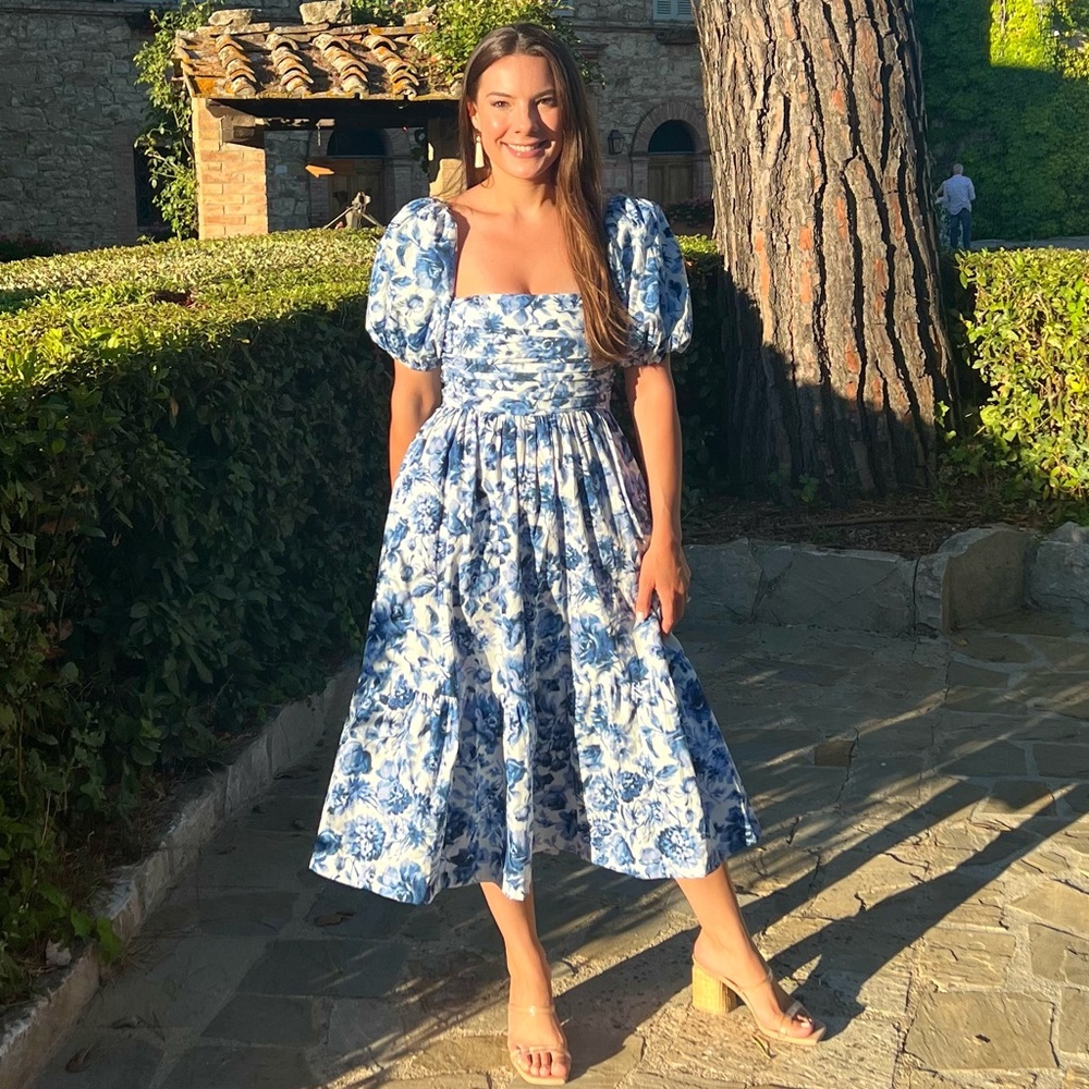 Abercrombie Emerson Ruched Puff Sleeve Poplin Midi Dress, floral blue, XS petite